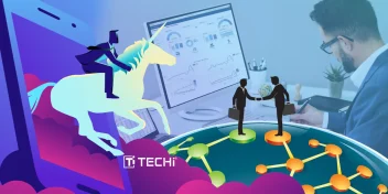 Illustration of a tech unicorn symbolizing a billion-dollar merger with business professionals shaking hands and analytics dashboards in the background.