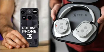 Nothing Phone (3) and Headphone (1) showcase transparent futuristic designs with unique glyphs and over-ear form.