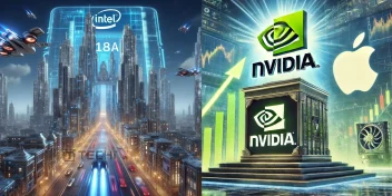 Futuristic cityscape representing Intel 18A chip technology contrasted with Nvidia and Apple logos symbolizing rising chip demand and market value.