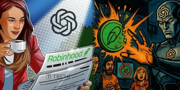 Illustration of Robinhood offering unauthorized OpenAI tokens, with comic-style visuals showing concern from the public and OpenAI's rejection.