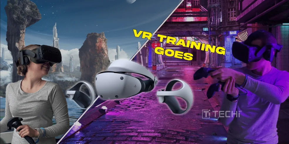 Two users in VR headsets training in virtual environments with PlayStation VR2 headset at the center; text reads "VR Training Goes."