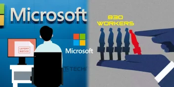 Microsoft logo with layoff notice on screen and a red figure being removed from a lineup, symbolizing 830 job cuts in Washington.