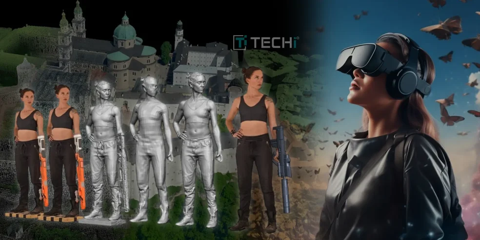 A side-by-side comparison of photogrammetry-based 3D character modeling and a woman wearing a VR headset surrounded by butterflies, representing hyper-realism in virtual reality.