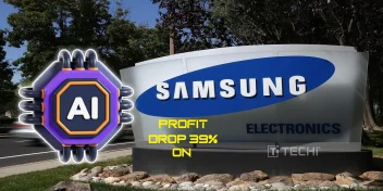 Samsung logo at headquarters with AI chip graphic and “Profit Drop 39%” text indicating Q2 2025 earnings decline due to delayed Nvidia chip shipments.