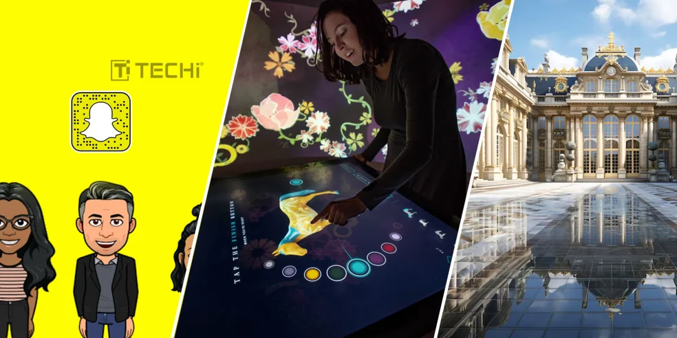 Composite image showing Snapchat Bitmoji branding, a woman using an interactive AR touchscreen with floral visuals, and the Palace of Versailles courtyard—highlighting Snapchat’s new augmented reality cultural project, Dansez Versailles.
