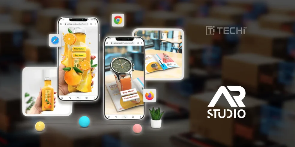 Smartphone displaying WebAR product packaging with interactive buttons for juice, watch, and catalog using AR Studio technology