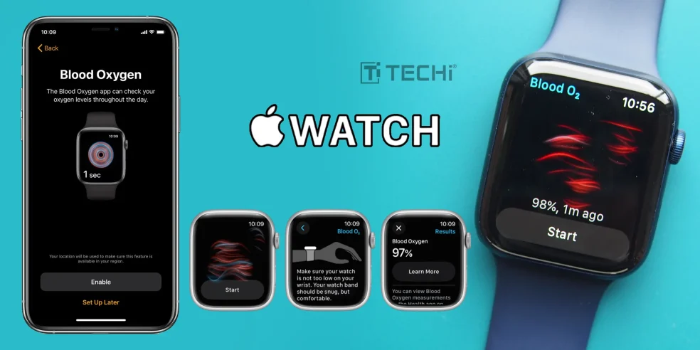 Apple Watch and iPhone displaying the blood oxygen monitoring feature, showing oxygen levels and health tracking interface used in Series 6 and newer models.