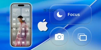 iPhone screen showing Apple’s frosted Liquid Glass UI in iOS 26 Beta 3 with focus mode and camera icons on a blue background.