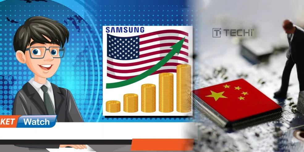 Illustration showing Samsung's U.S. chip investment growth with rising coins and American flag, contrasted with China chip restrictions amid AI export curbs.