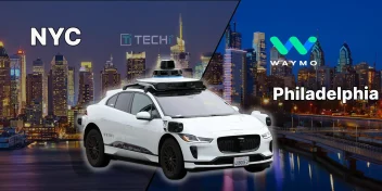 Waymo autonomous vehicle positioned between New York City and Philadelphia skylines, symbolizing robotaxi expansion into urban areas.