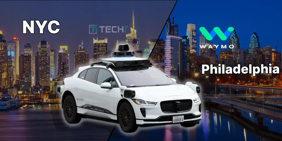 Waymo autonomous vehicle positioned between New York City and Philadelphia skylines, symbolizing robotaxi expansion into urban areas.