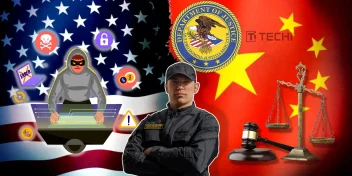 Illustration of Chinese hacker arrest involving U.S. Department of Justice and cybersecurity conflict with China, featuring flags, symbols of hacking, and justice.
