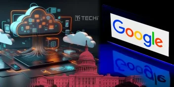 Illustration of Google Cloud discount deal with U.S. government featuring Capitol dome, cloud computing graphics, and Google logo