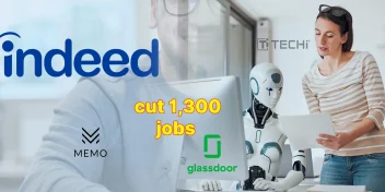 Indeed and Glassdoor logos with "cut 1,300 jobs" text overlay, a humanoid robot interacting with a human — symbolizing AI-driven job cuts in recruitment industry.