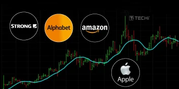 Stock chart showing growth trends with logos of Alphabet, Amazon, and Apple, symbolizing tech companies competing for top market value by 2030.