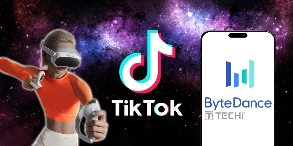 Woman wearing a VR headset with motion controllers, TikTok and ByteDance logos in the background, representing ByteDance’s entry into mixed reality technology.