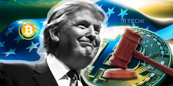 Donald Trump with Bitcoin and judge’s gavel overlay, representing the political and legal battle over U.S. crypto regulation and anti-CBDC legislation in 2025.