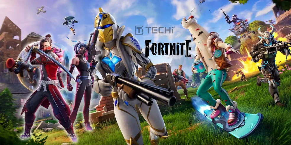Fortnite characters in action with futuristic weapons and gear during v36.20 update, showcasing Utopia City-themed gameplay environment
