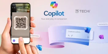 User scanning a QR code with a smartphone while Microsoft Copilot Vision AI interface appears in the background, showcasing AI-powered desktop assistance tools.