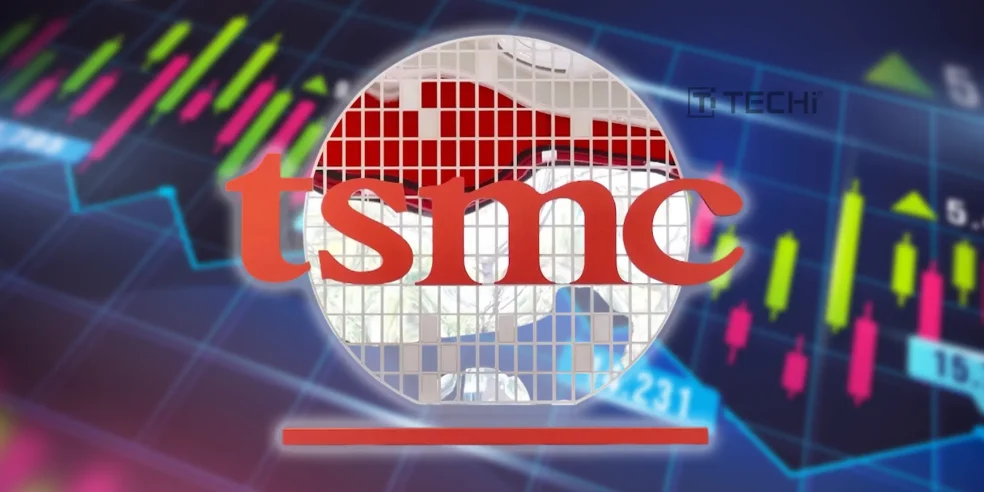 TSMC logo over stock market chart background representing record quarterly profit and global semiconductor trade concerns.