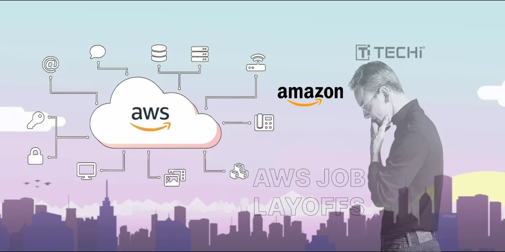 Illustration of AWS cloud services with icons and a worried employee silhouette, symbolizing Amazon layoffs and cloud workforce impact.