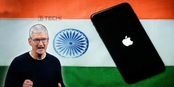 Tim Cook in front of Indian flag with iPhone, symbolizing Apple’s growing retail footprint in India through local reseller Ample.
