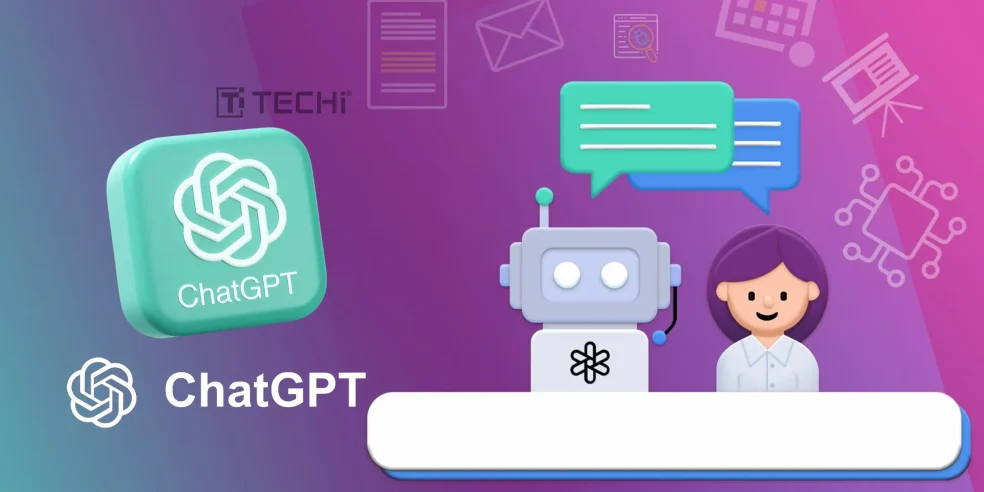 ChatGPT logo, robot assistant, and human avatar exchanging messages, symbolizing OpenAI’s AI assistant handling tasks across productivity apps.