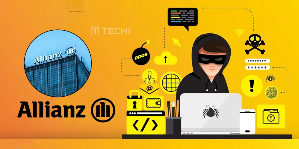 Illustration of a masked hacker and cybersecurity threat icons beside the Allianz building, symbolizing the 2025 Allianz Life customer data breach.
