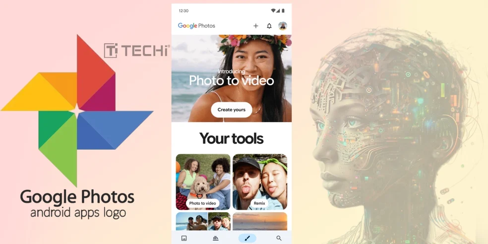 Google Photos app screen showing new AI tools like Photo to Video and Remix, next to the Google Photos logo and an artistic AI-generated human face.