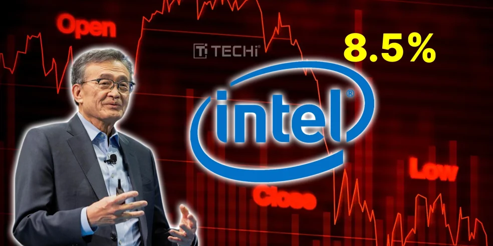 Intel CEO Lip-Bu Tan in front of a stock market chart showing an 8.5% drop, symbolizing the company’s financial downturn in Q2 2025.