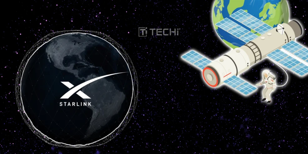 Illustration of Starlink satellite network and astronaut in space orbiting Earth, symbolizing SpaceX’s global internet coverage and satellite launches.