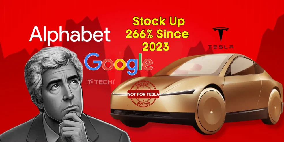 Bill Ackman thinking with Alphabet and Google logos in background, a futuristic robotaxi labeled “NOT FOR TESLA,” symbolizing his investment shift.