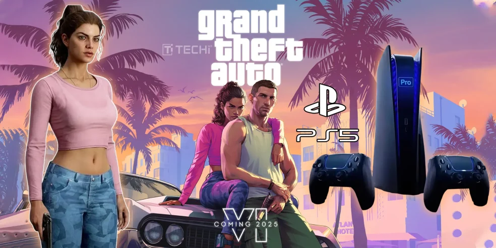 GTA 6 characters with PS5 Pro console and controllers against a neon Miami-style backdrop, teasing the 2026 Rockstar and Sony bundle launch.