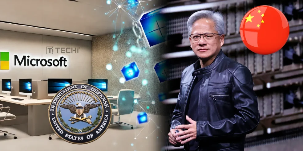 Microsoft office with U.S. Department of Defense logo, digital cloud icons, and a Chinese flag symbolizing the halted involvement of China-based engineers.