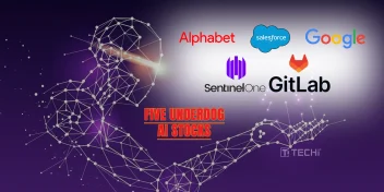 AI-generated humanoid structure holding logos of Alphabet, Google, Salesforce, GitLab, and SentinelOne—five underdog AI stocks forecasted for a strong rebound.