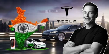 Elon Musk beside Tesla car and India tricolor map with EV charger, symbolizing Tesla’s launch in India and public disappointment.