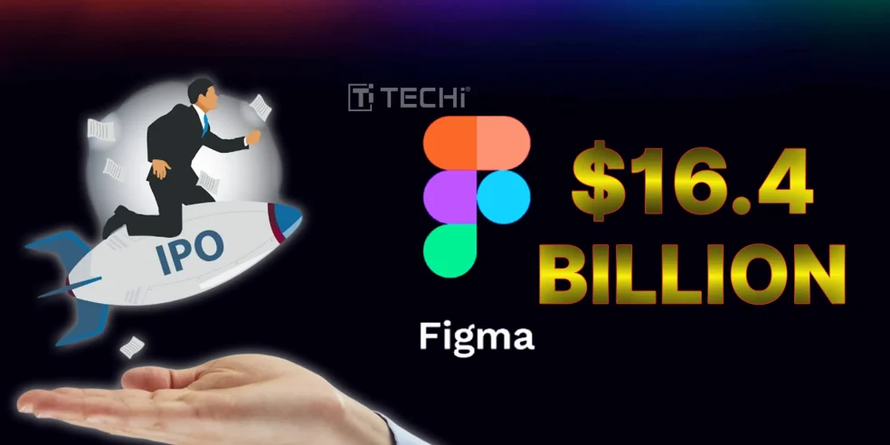 Illustration of a businessperson launching on an IPO rocket with the Figma logo and $16.4 billion valuation text, representing Figma’s public market debut in 2025.