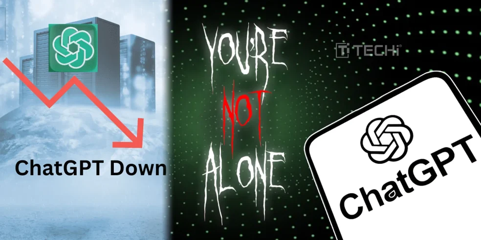 ChatGPT outage graphic showing a downward trend, eerie message “You’re Not Alone,” and ChatGPT logo on a smartphone — depicting AI service disruption.
