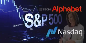 Stock chart showing S&P 500 and Nasdaq logos with a business analyst and the word “Alphabet,” highlighting the tech-led rally in July 2025.