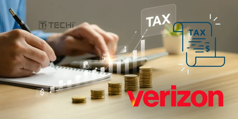 Verizon logo with financial graphs, stacked coins, and tax icons representing revenue growth and Q2 2025 earnings strategy.