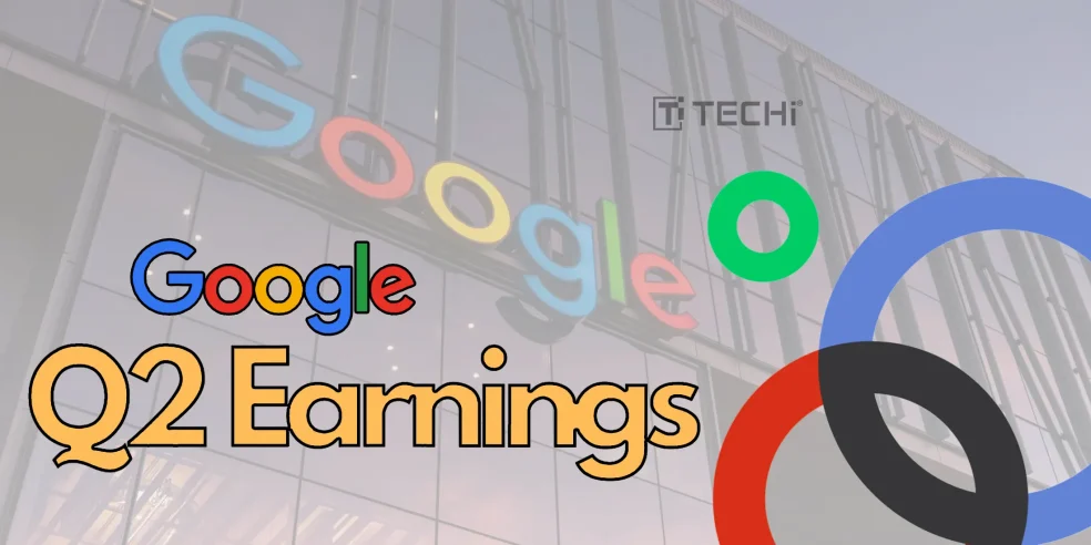 Google logo on office building with “Q2 Earnings” text overlay and Techi branding, highlighting Alphabet’s 2025 second-quarter financial report.