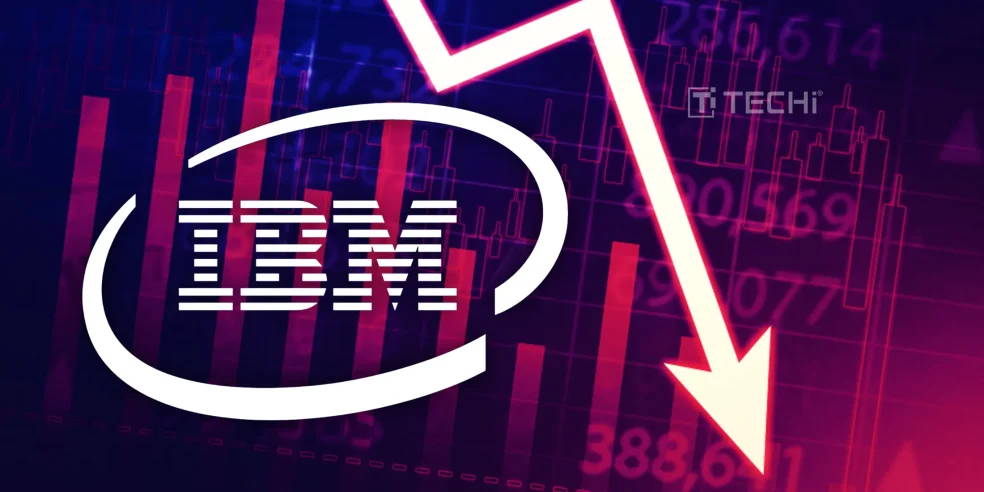 IBM logo with a red downward arrow and financial stock chart background showing post-earnings stock drop.