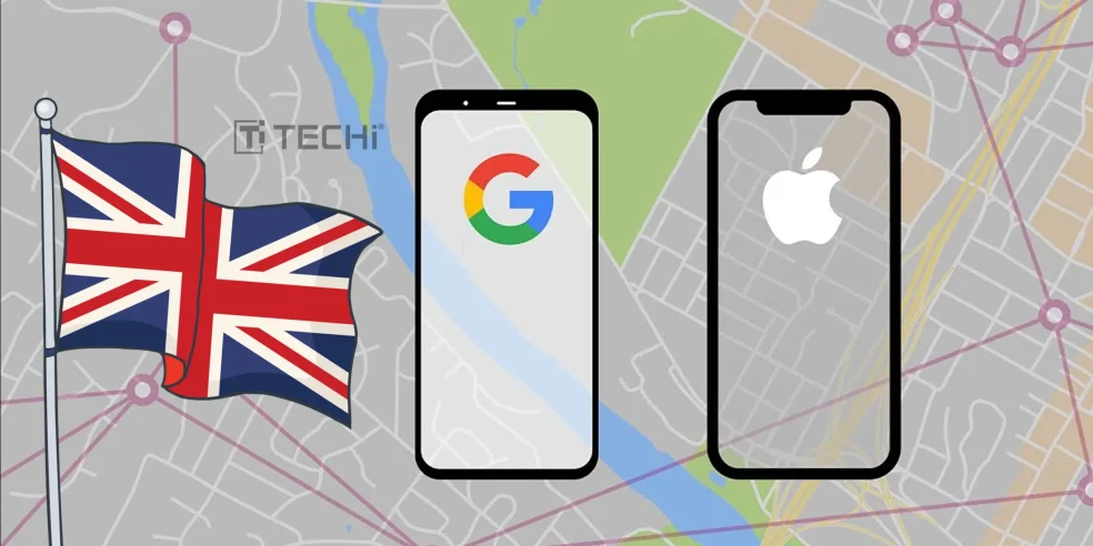 UK flag with smartphones showing Google and Apple logos, symbolizing the UK’s regulatory push to break the mobile platform duopoly.