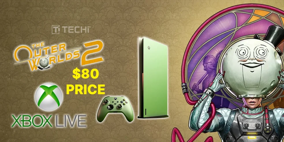 The Outer Worlds 2 Xbox art showing $80 price tag with Xbox console, green controller, and satirical game mascot in space suit