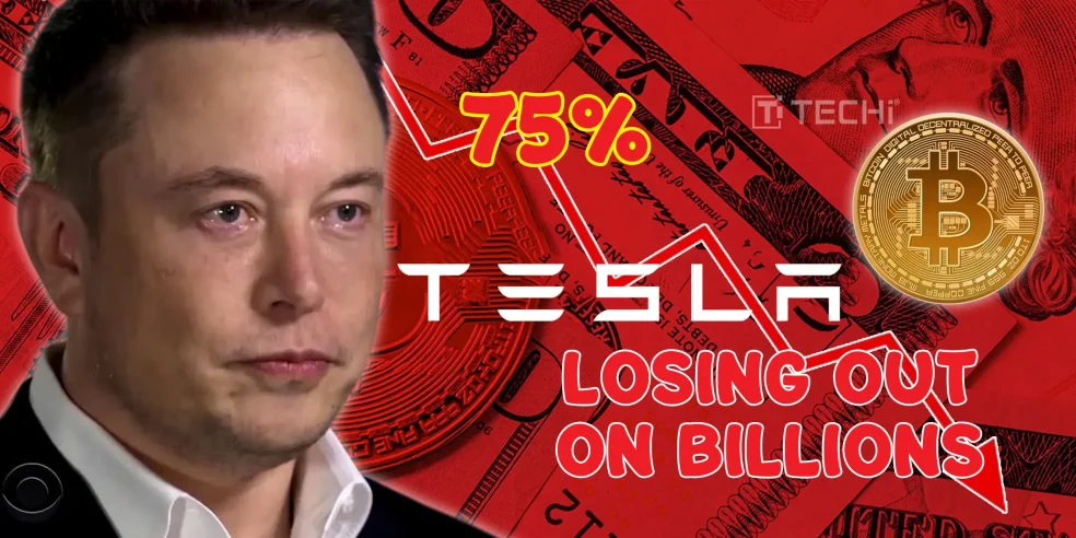 Elon Musk with Tesla logo, Bitcoin icon, and a red arrow showing loss, symbolizing Tesla’s 75% Bitcoin sale and missed gains.
