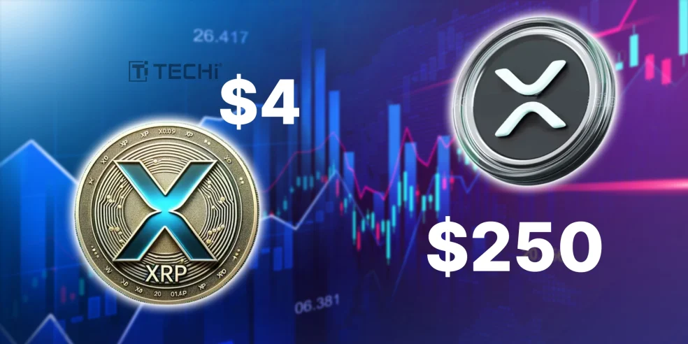 XRP and Solana price targets of $4 and $250 highlighted with crypto market charts in the background, symbolizing ETF-driven growth forecasts.