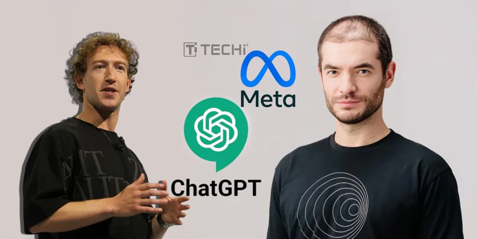 Mark Zuckerberg and Shengjia Zhao with Meta and ChatGPT logos, symbolizing Meta’s AI talent acquisition for its Superintelligence Lab.