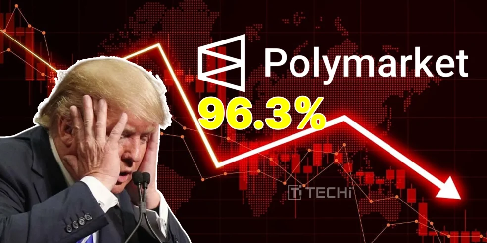 Donald Trump with Polymarket logo and 96.3% odds graphic, highlighting predictions that the Fed will hold interest rates steady in July 2025.
