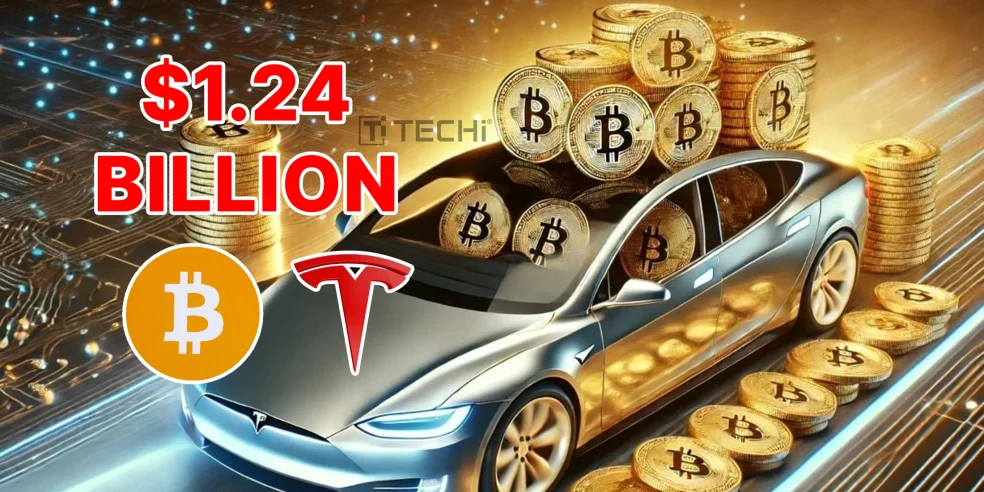 Tesla electric car with Bitcoin stacks representing Tesla’s $1.24 billion Bitcoin holdings and crypto-driven Q2 2025 earnings.