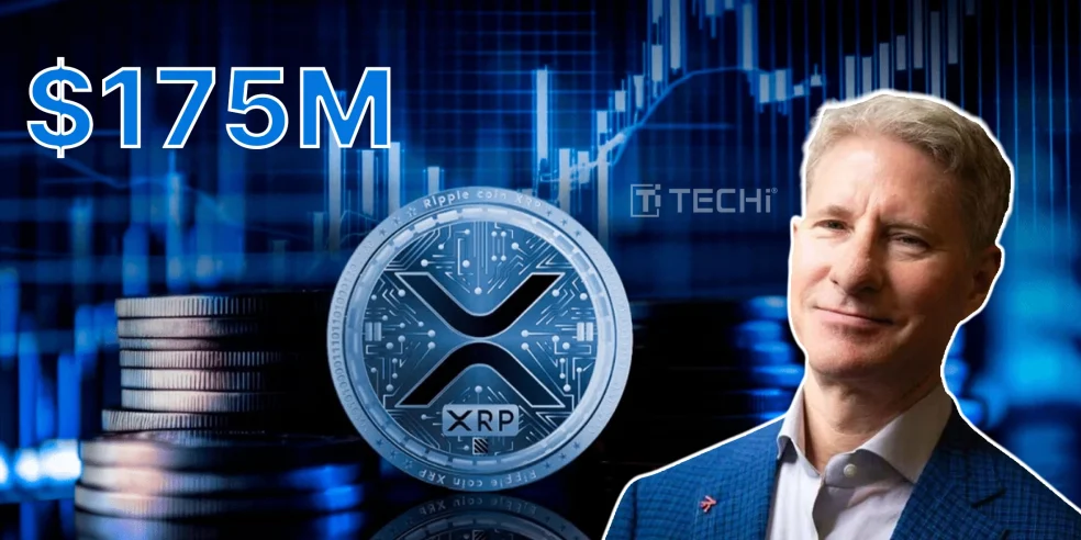 Chris Larsen with XRP coin graphic and $175M marker, representing the $175 million XRP transfer impacting market sentiment.